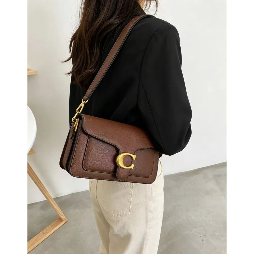 Chic Brown Flap Shoulder Bag with Metallic Logo