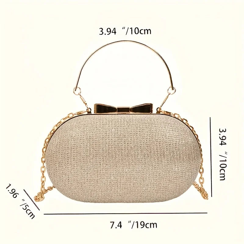 Glitter Evening Oval Clutch Bag - Elegant Gold Ring Handle Hardcase Purse with Chain Strap