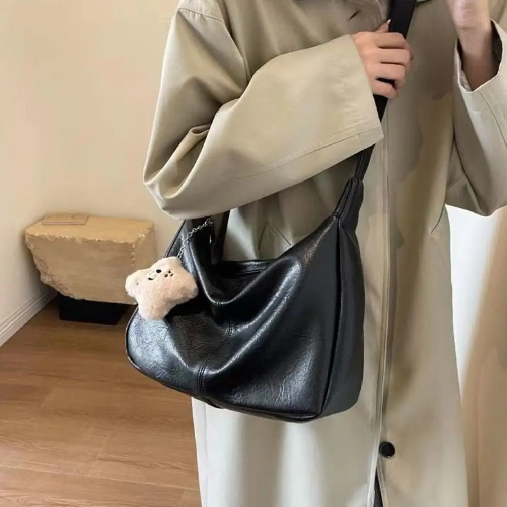 Aura Bags Vintage Brown Slouchy PU Leather Tote Bag with Fluffy Bear Charm