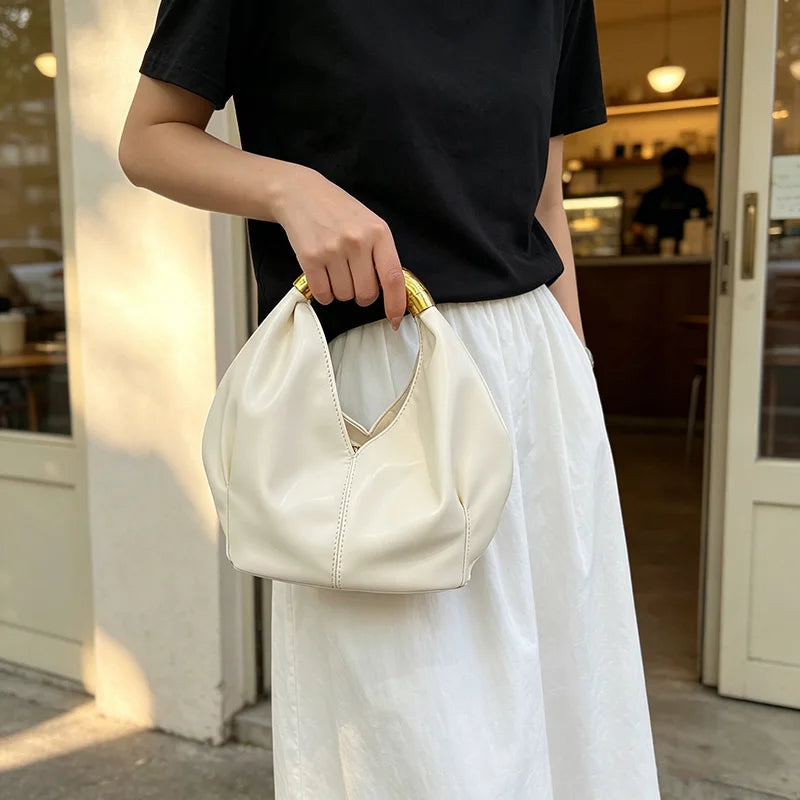 Aura Bags Elegant White Slouchy Handbag with Hammered Gold Metal Ring Handle