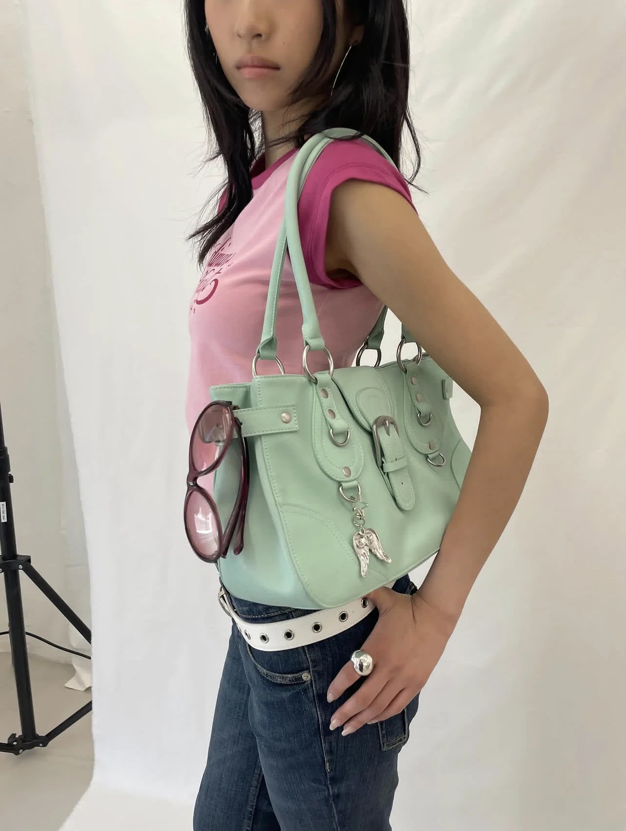 Pastel Mint Green Retro Shoulder Purse – Y2K Aesthetic Handbag for Women
