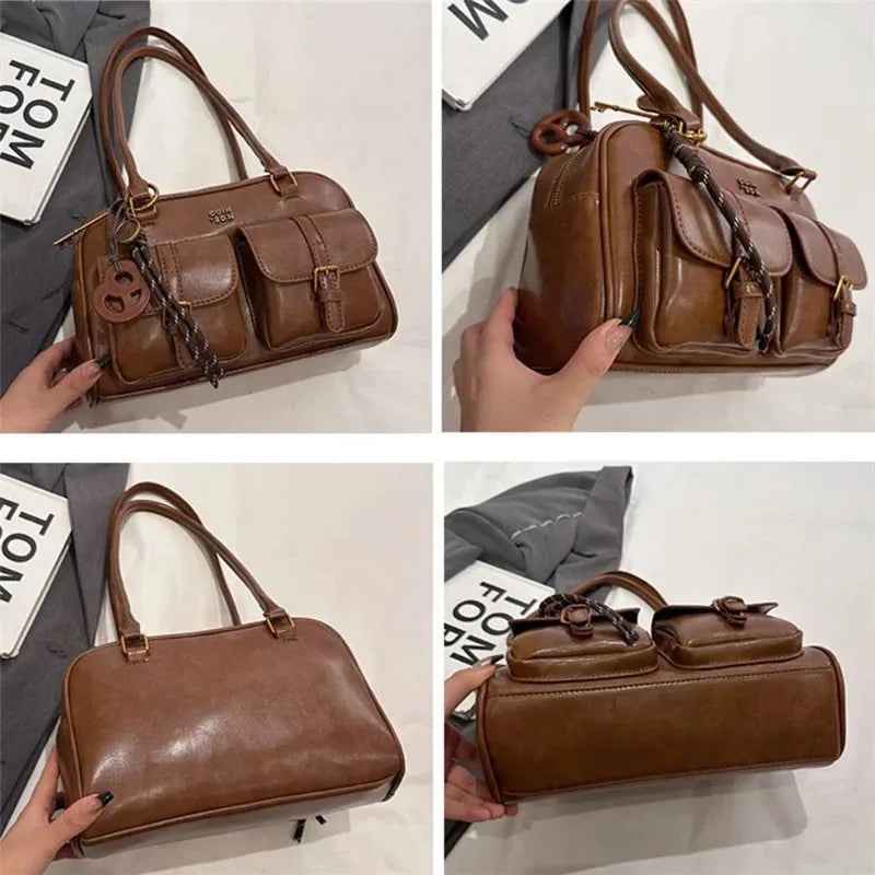 Vintage Brown Leather Cargo Shoulder Bag