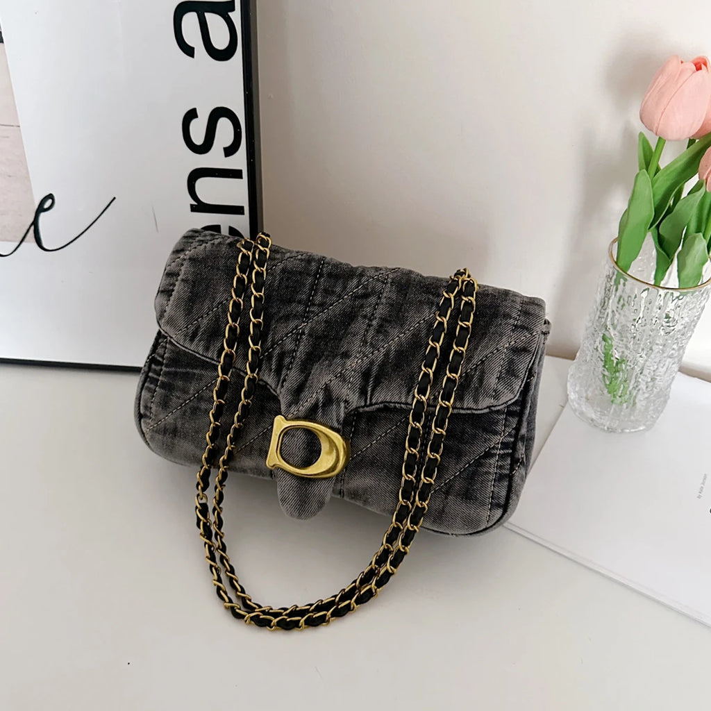 Vintage Quilted Denim Chain Handbag