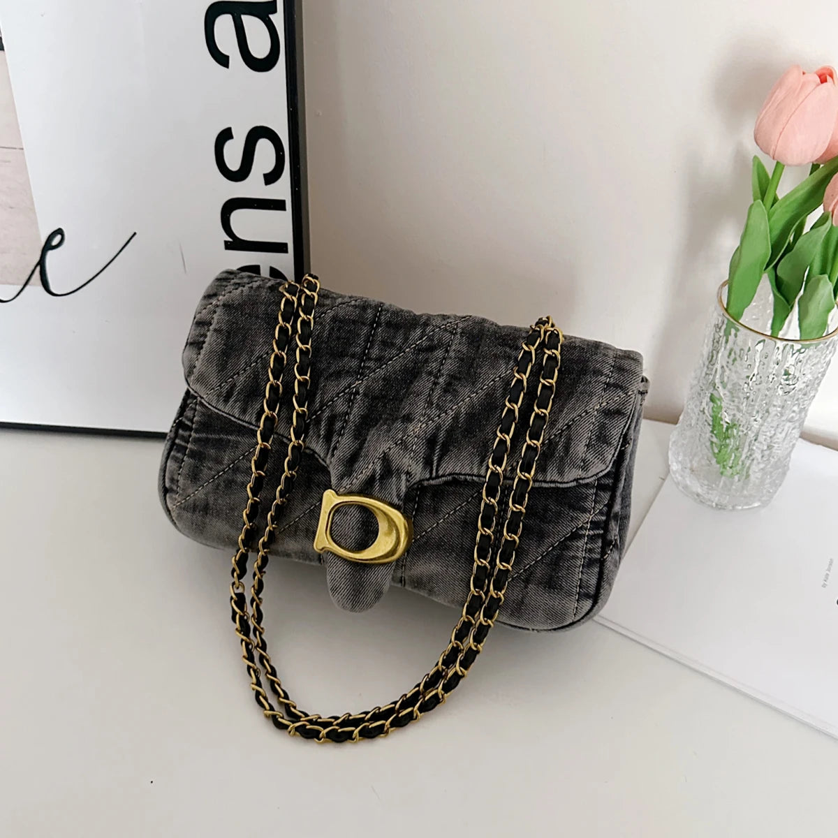 Vintage Quilted Denim Chain Handbag