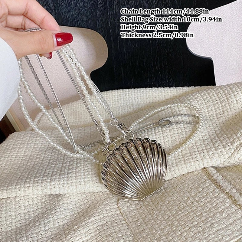 Luxury Golden & Silver Shell Minaudière Bag with Pearl Strap