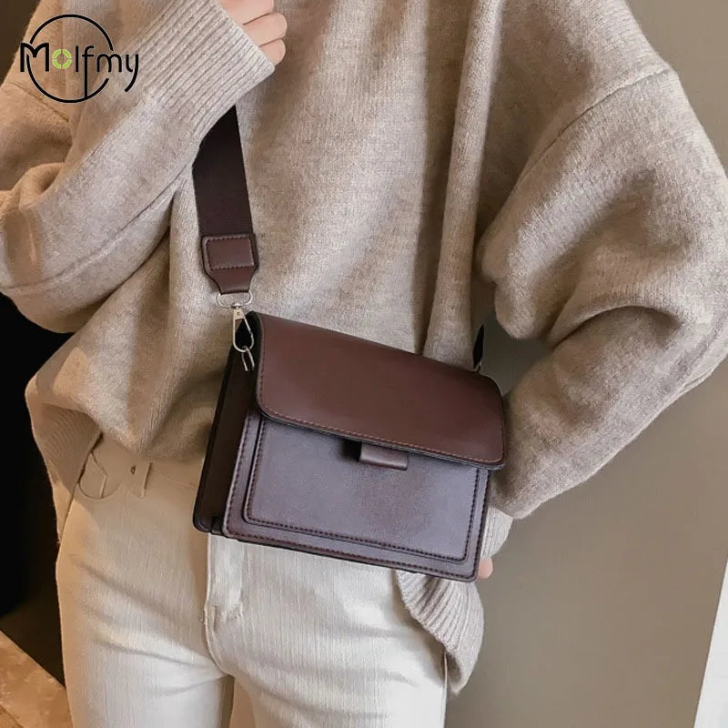 Minimalist Brown Crossbody Bag for Women | Wide Strap PU Leather Shoulder Bag & Messenger Purse