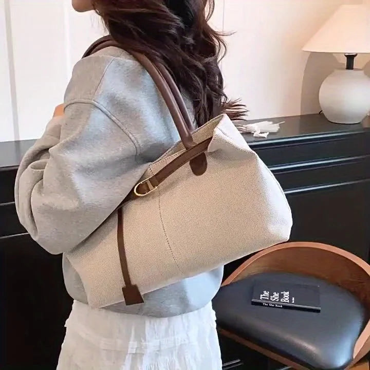 Aura Bags Casual Canvas Tote Bag with Contrast PU Leather Handles and Belt Accent
