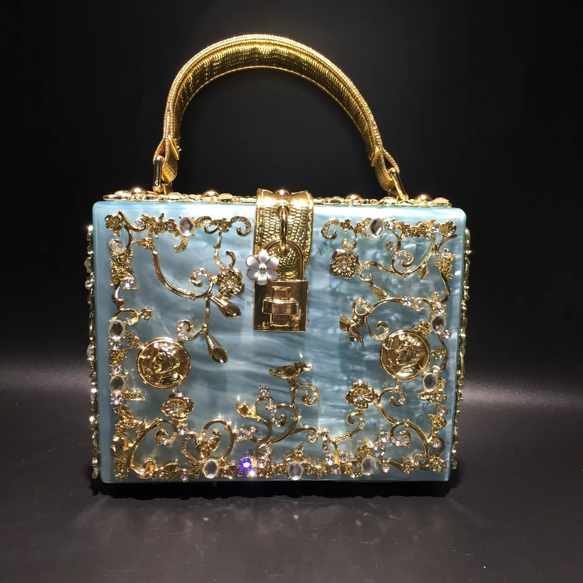 Luxury Blue & Gold Filigree Designer Party Wear Hard Case Clutch Bag