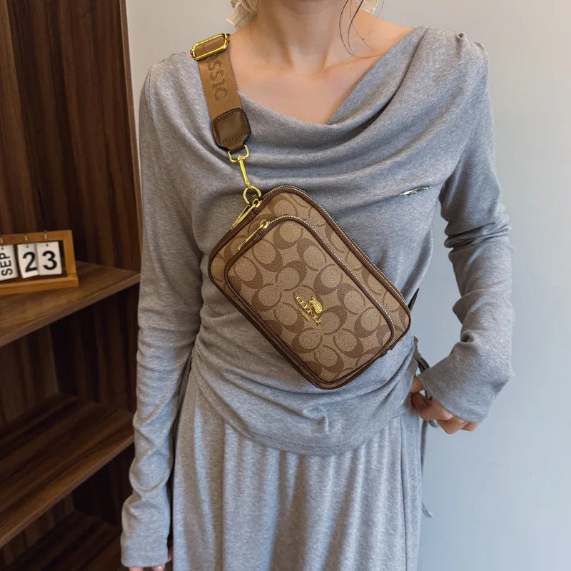 Classic Monogram Pattern Multi-Pocket Crossbody Bag for Women | Chic Wide Strap Shoulder Camera Purse