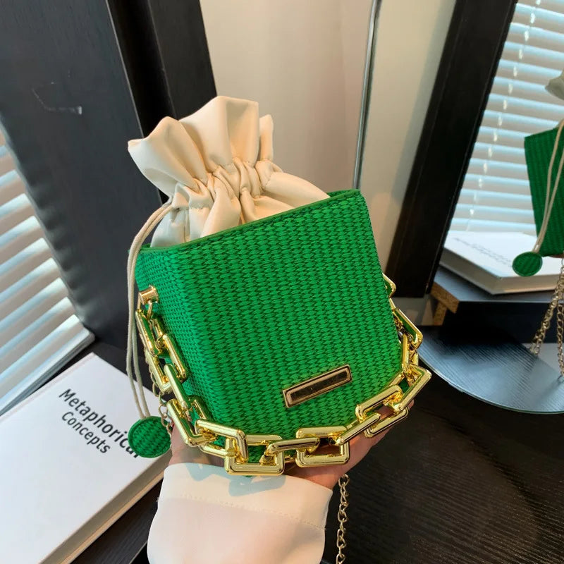 Chic Woven Texture Mini Bucket Bag with Drawstring and Chunky Chain