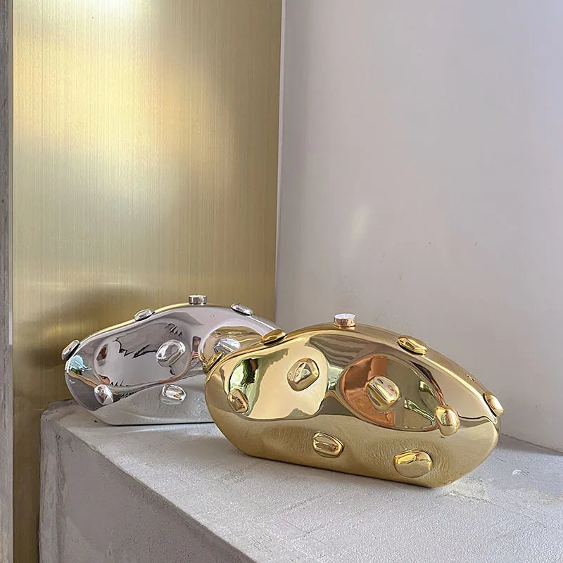 Luxury Metallic Irregular Hard Shell Clutch Bag – Chic Gold & Silver Evening Party Handbag