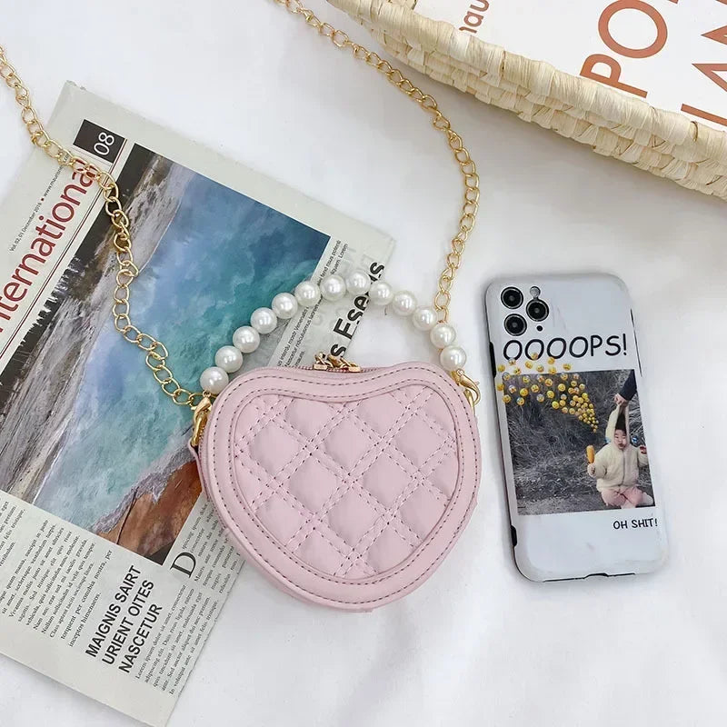 Cute Quilted Heart-Shaped Mini Handbag with Pearl Handle