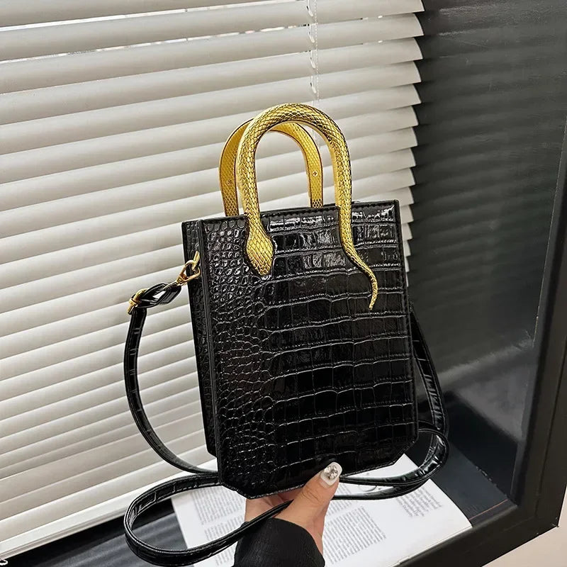 Aura Bags Luxury Crocodile Pattern Square Crossbody Bag with Gold Snake Handle