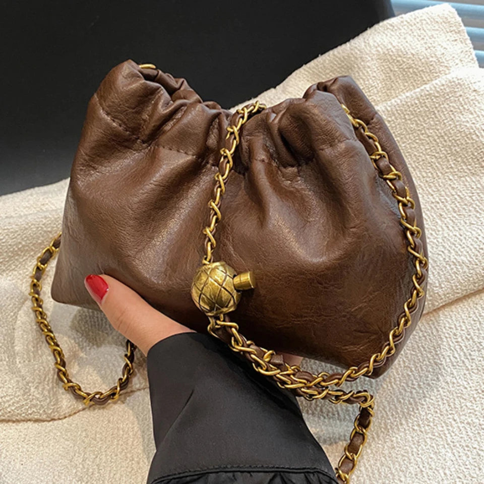 Trendy Soft Faux Leather Drawstring Clutch – Women's Crossbody Chain Bag