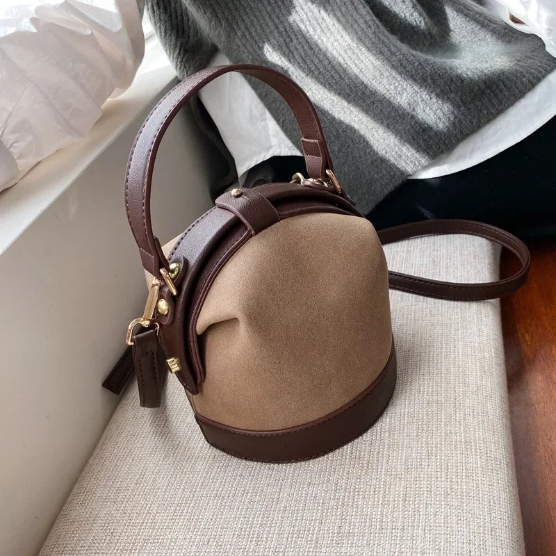 Vintage Two-Tone Suede Bucket Bag - Structured Top Handle Crossbody Handbag with Dark Brown Trim