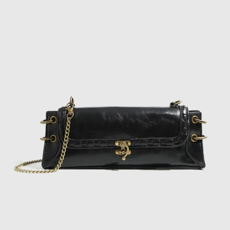 Vintage Olive Green Baguette Shoulder Bag with Brass Chain & Lock