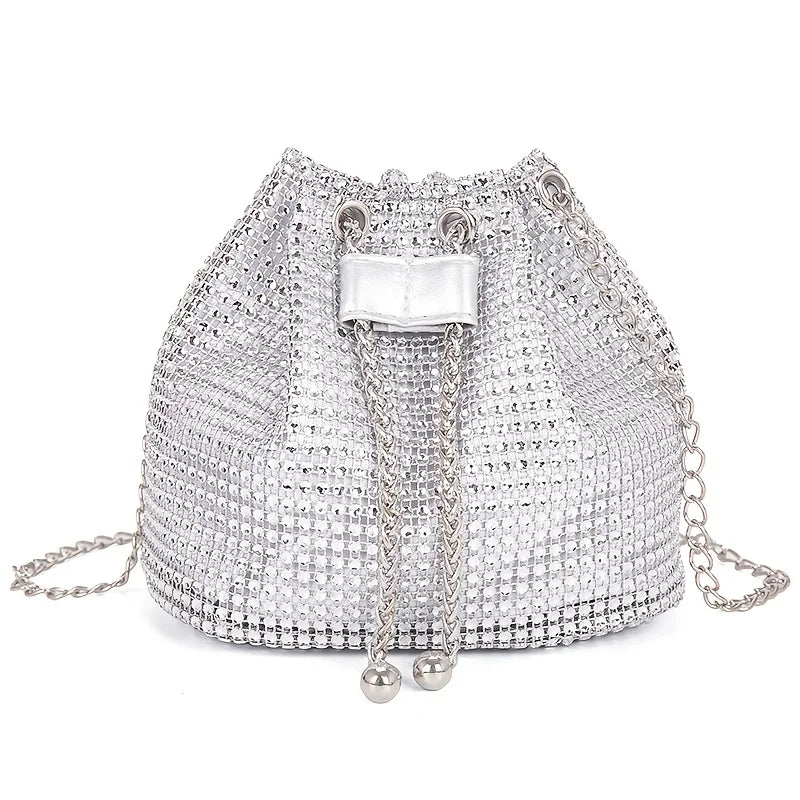 Elegant Crystal Rhinestone Crossbody Evening Bag – Metallic Drawstring Bucket Purse with Gold Chain