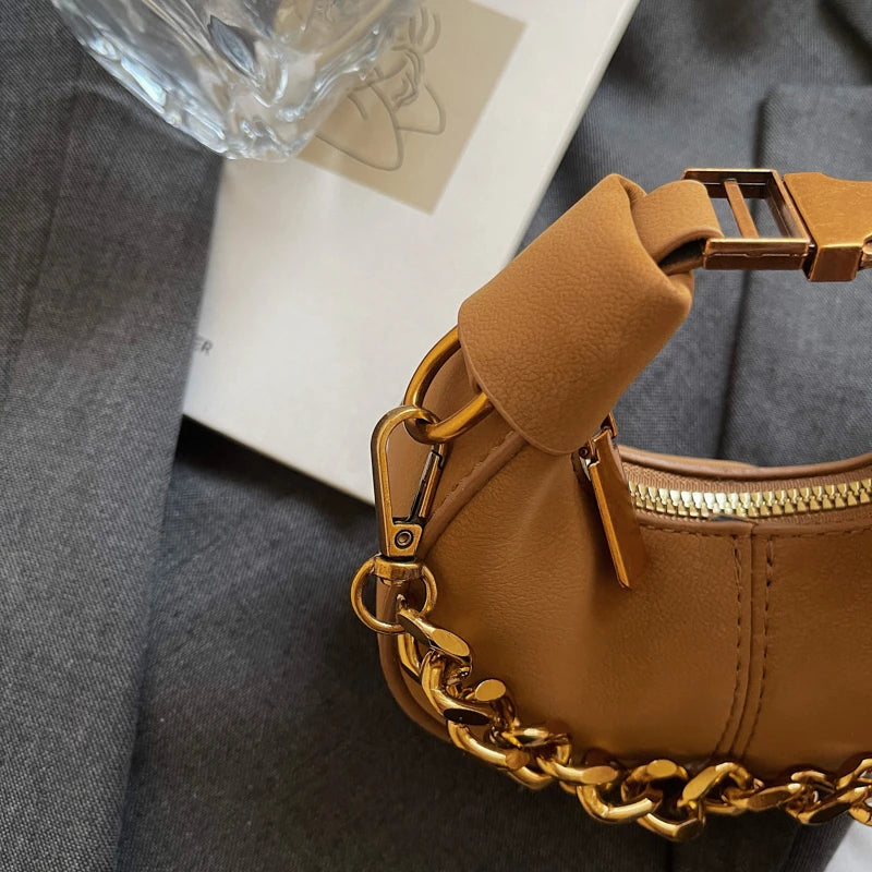 Mini Crescent Dumpling Bag with Chunky Gold Chain Handle
