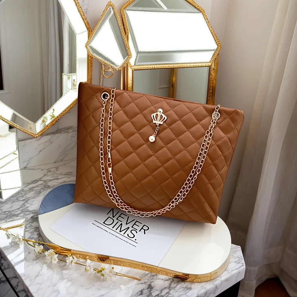 Royal Crown Quilted Chain Tote Bag