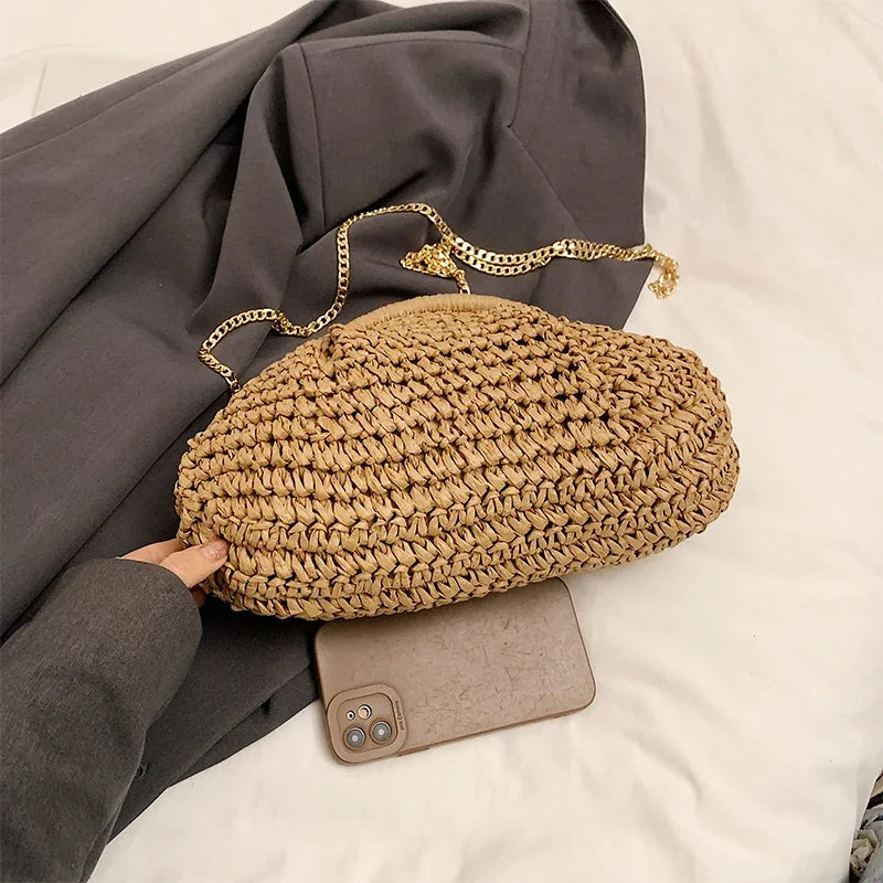 Boho Chic Woven Straw Dumpling Crossbody Bag – Lightweight Summer Beach Shoulder Bag with Gold Chain
