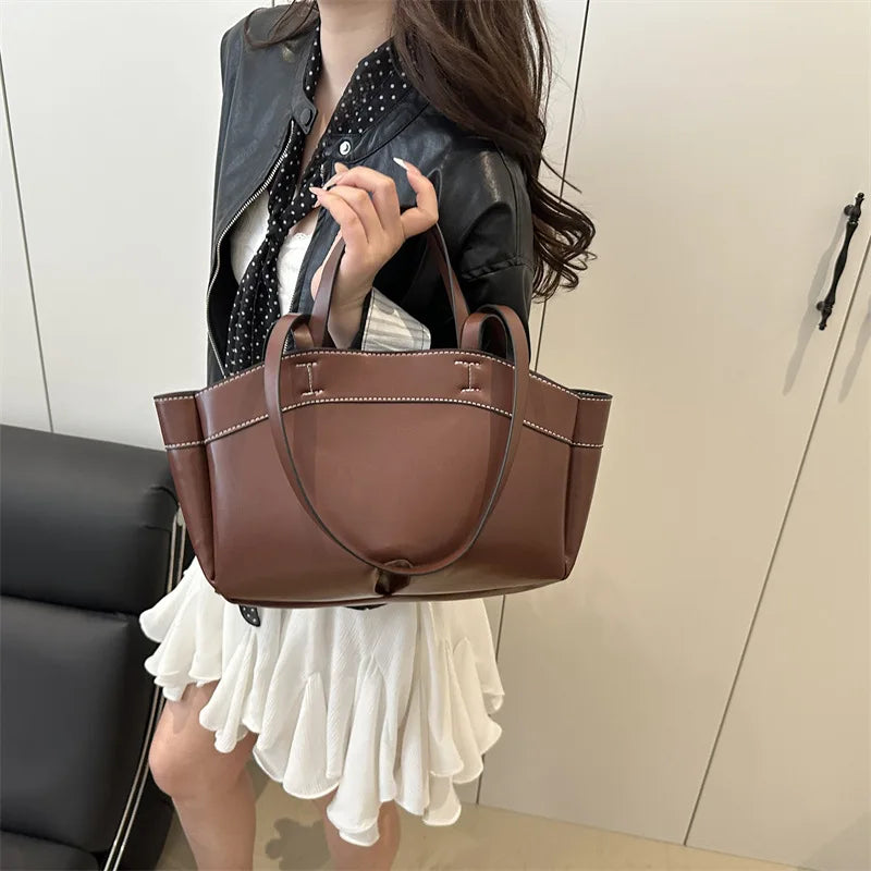 Classic Contrast-Stitch Structured Tote Bag with Double Top Handles (Brown)