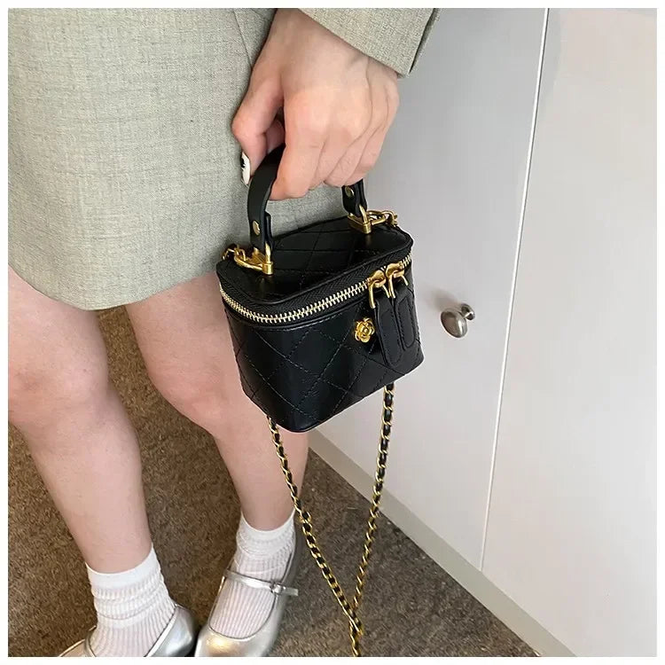 Cute Quilted Mini Vanity Box Bag with Gold Chain & Flower Detail
