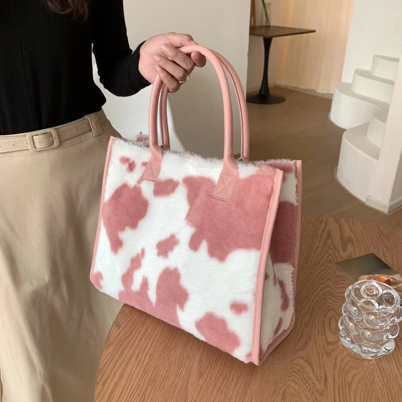 Chic Cow Print Plush Tote Bag with PU Leather Trim