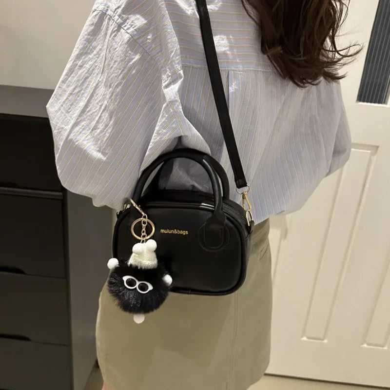 Casual Two-Tone Mini Barrel Crossbody Bag with Fluffy Pendant