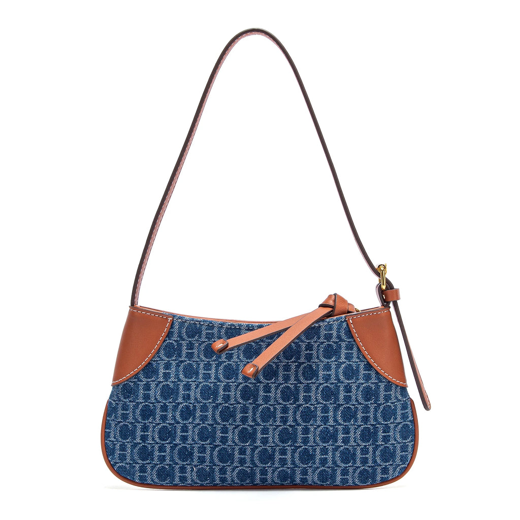 Premium Monogram Denim Shoulder Bag – Vintage Leather Trim Underarm Purse