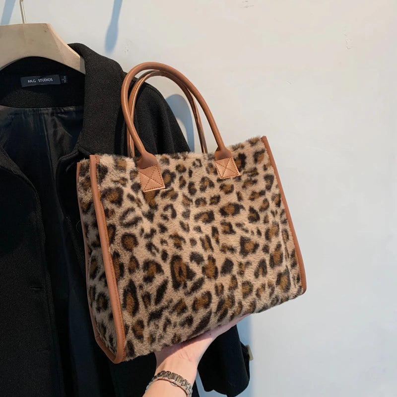 Chic Cow Print Plush Tote Bag with PU Leather Trim