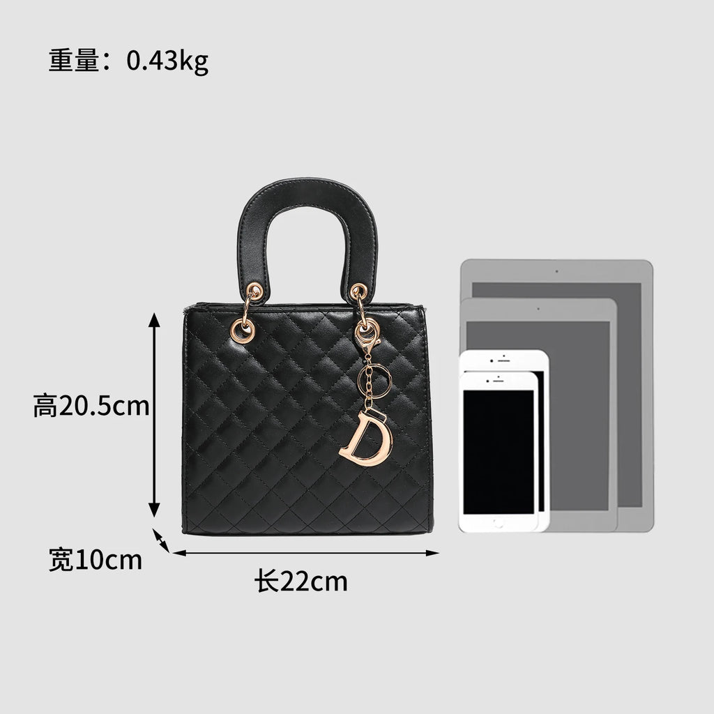 Chic Quilted Faux Leather Top-Handle Handbag with Gold-Tone Charm – Elegant Women's Satchel & Crossbody Bag