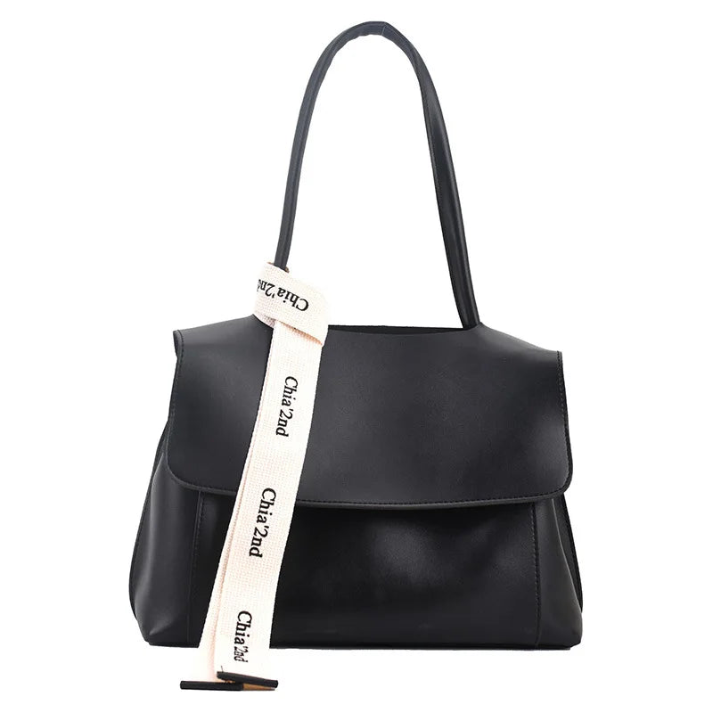 Casual PU Leather Large Capacity Shoulder Tote | Trendy Letter Strap Handbag