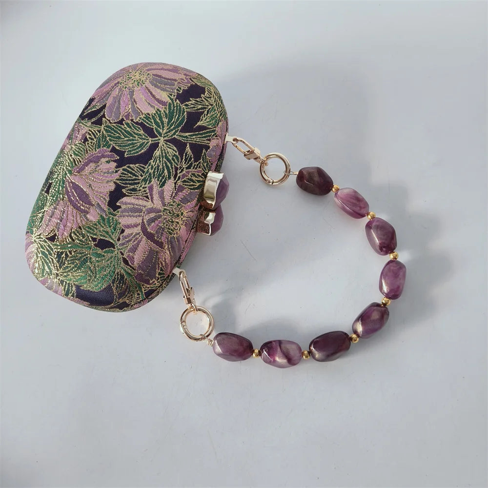 Elegant Floral Embroidered Hard Case Evening Clutch with Beaded Handle