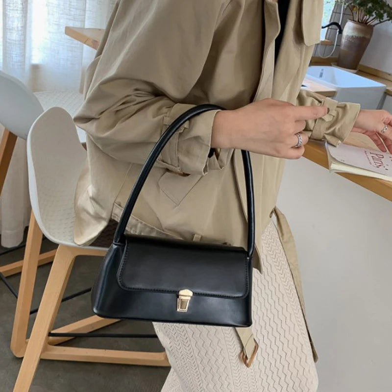 Minimalist Smooth Leather Shoulder Bag – Vintage Rectangle Baguette Bag for