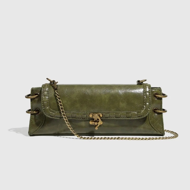 Vintage Olive Green Baguette Shoulder Bag with Brass Chain & Lock