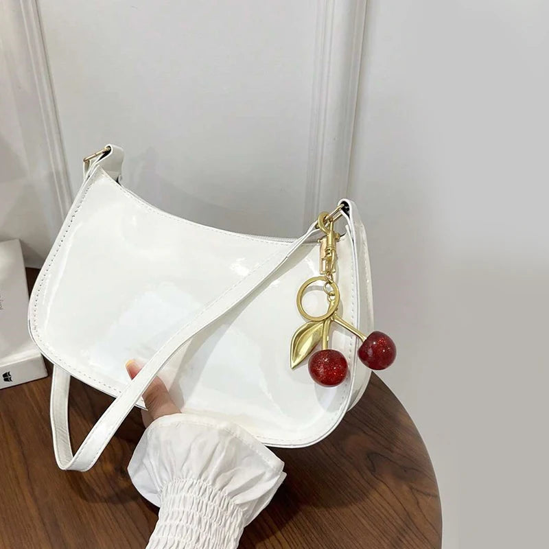 Trendy Glossy Cherry Red Patent Leather Shoulder Bag with Cute Cherry Bag Charm