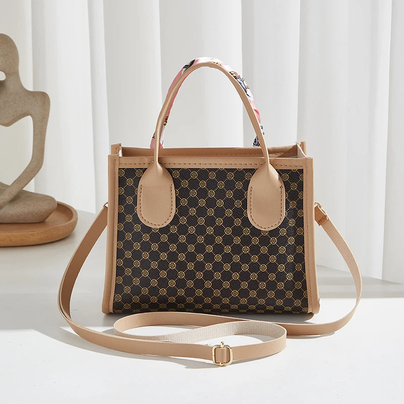 Classic Geometric Print Satchel Handbag with Crossbody Strap and Twilly Scarf