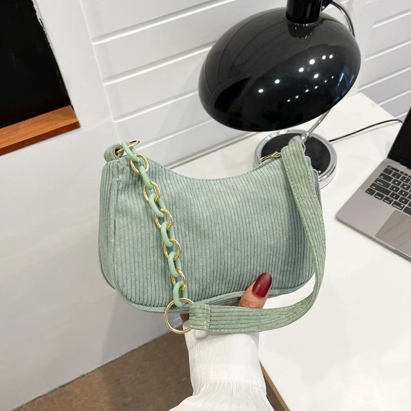 Aesthetic Corduroy Underarm Baguette Bag with Pastel Chain Accent | Soft Girl Y2K Shoulder Purse ✨
