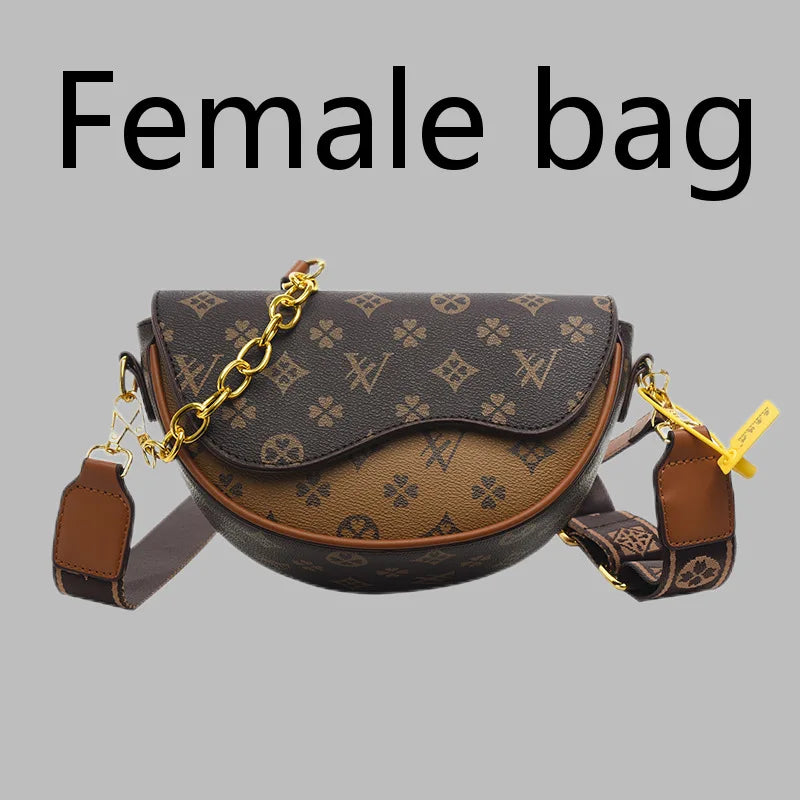 Chic Monogram Saddle Crossbody Bag | Vintage Pattern Half-Moon Shoulder Bag with Wide Strap