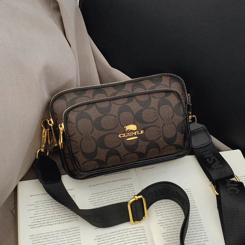 Classic Monogram Pattern Multi-Pocket Crossbody Bag for Women | Chic Wide Strap Shoulder Camera Purse