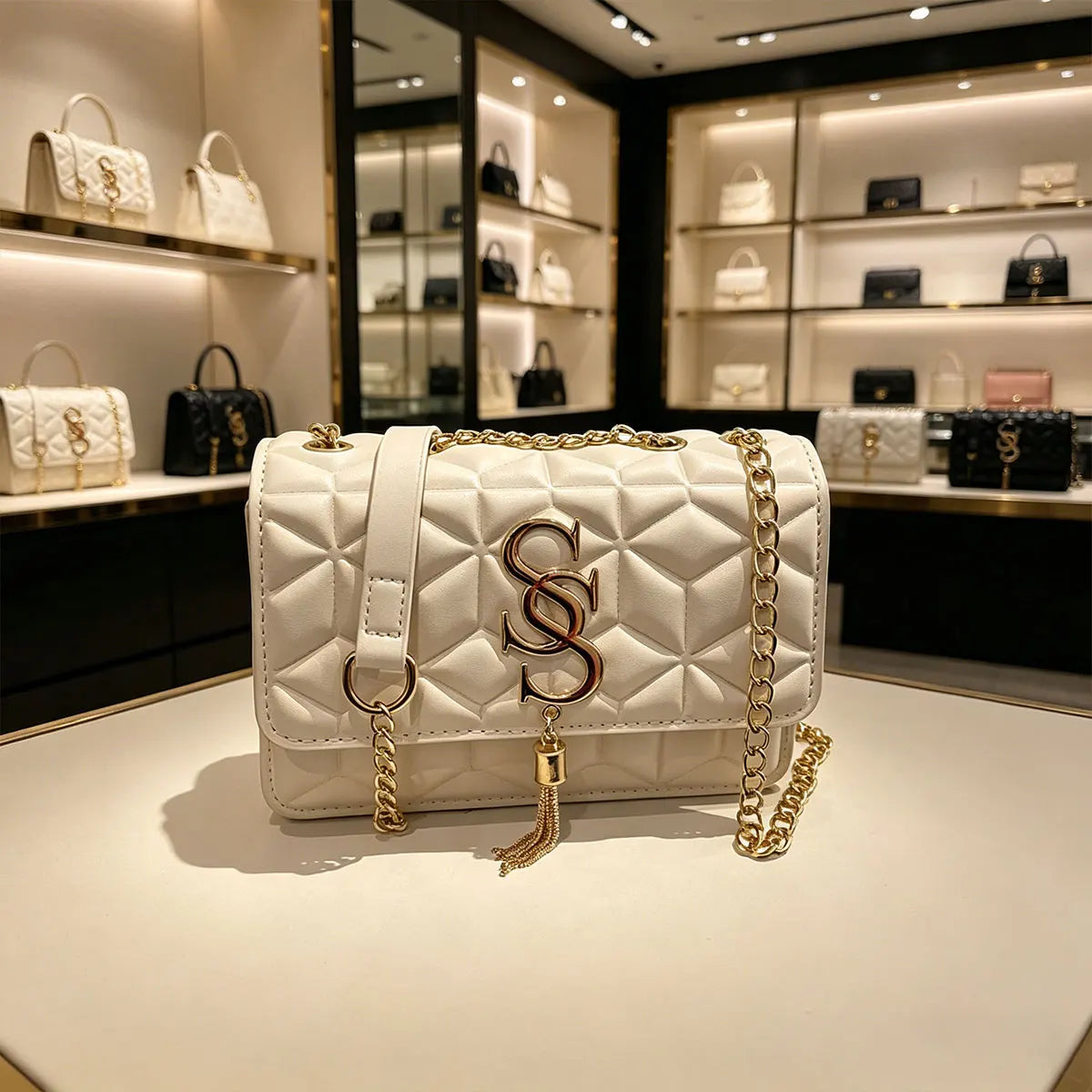 Luxury Quilted Geometric Flap Shoulder Bag with Gold Letter Monogram & Chain Strap