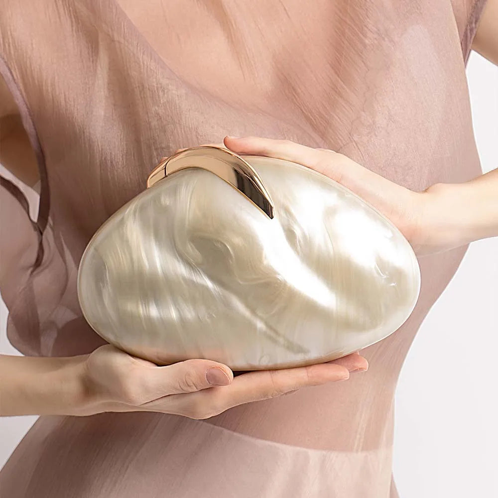 Luxury White Marble Evening Clutch and Handbag with Beaded Strap