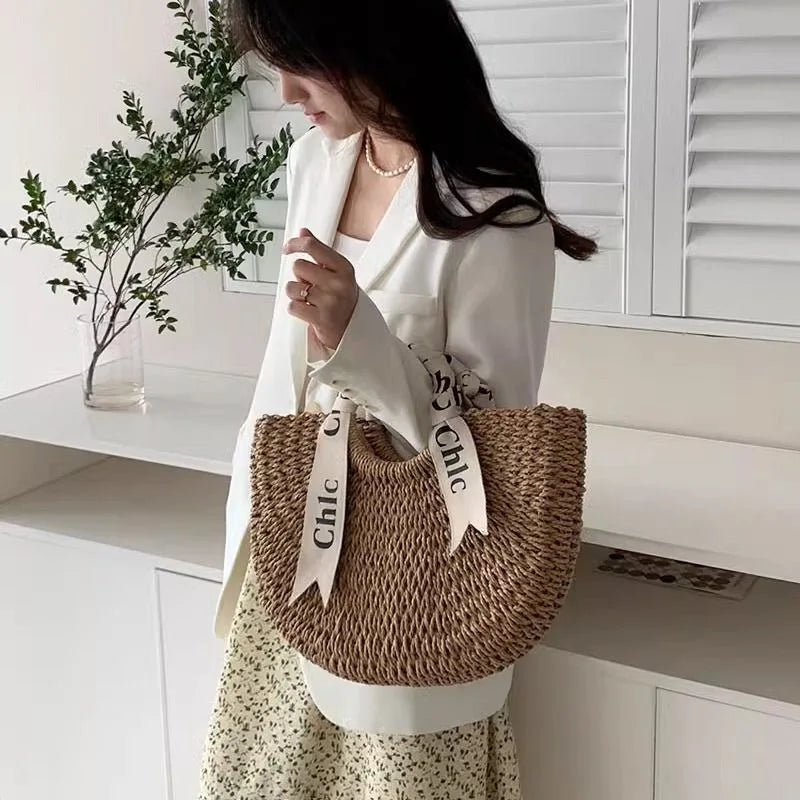 Casual Natural Woven Straw Tote with Ribbon Accent
