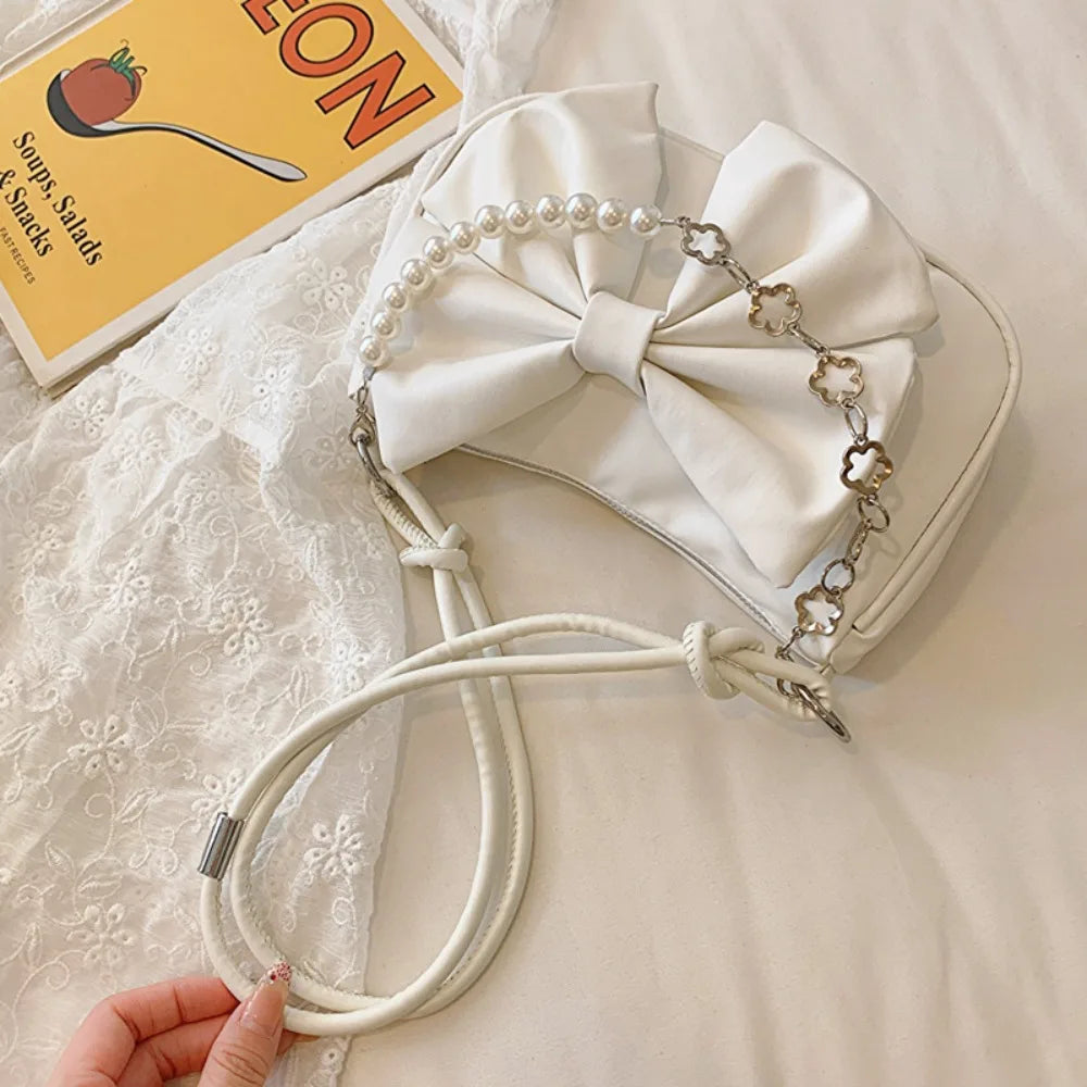 Coquette Bow-Knot Shoulder Bag with Pearl & Chain Detail