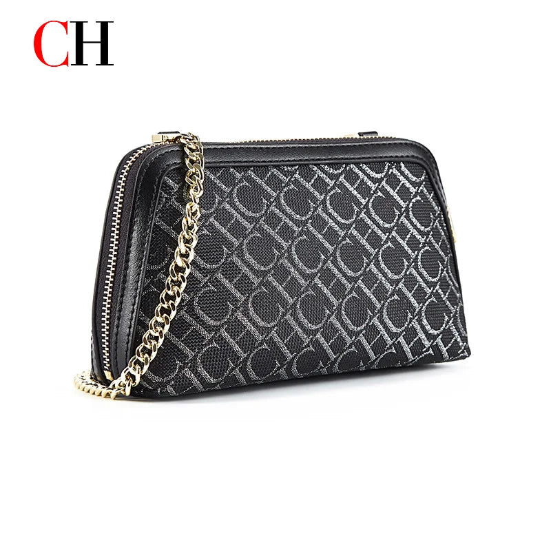Premium Monogram Crossbody Bag for Women – Trendy Print Shoulder Bag with Gold Chain Accent