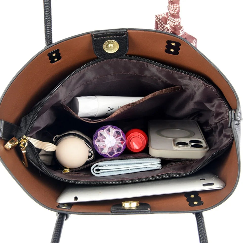 Chic Burgundy Leather Shopping Tote with Scarf Bow