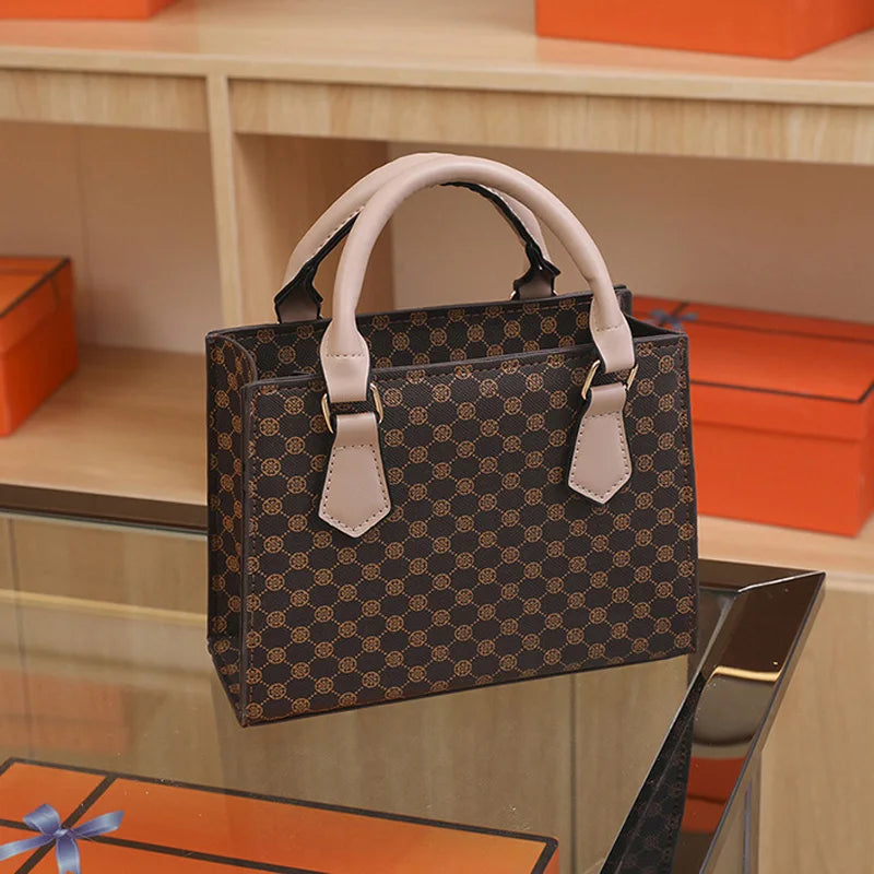 Classic Monogram Print Structured Tote and Handbag with Top Handles