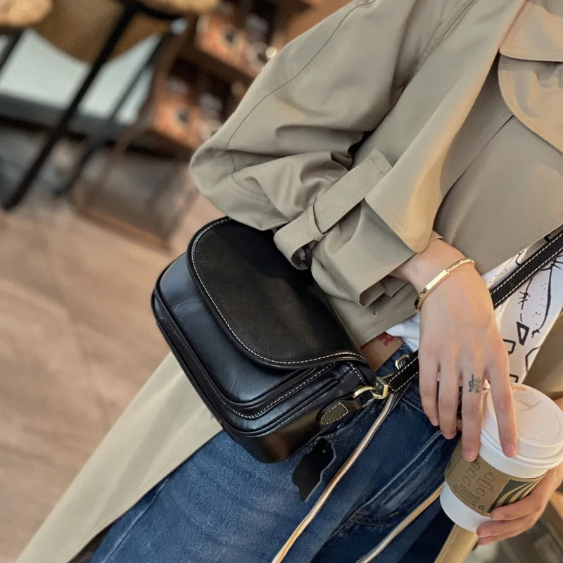 Vintage PU Leather Saddle Crossbody Bag with Wide Woven Guitar Strap