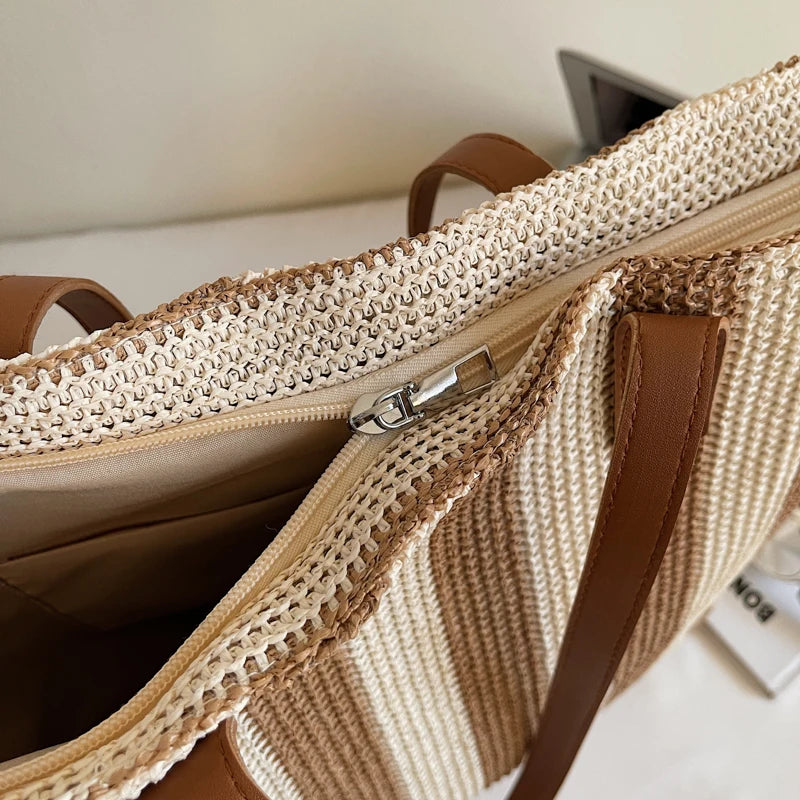 Summer Vacation Striped Straw Handbag with PU Leather Straps