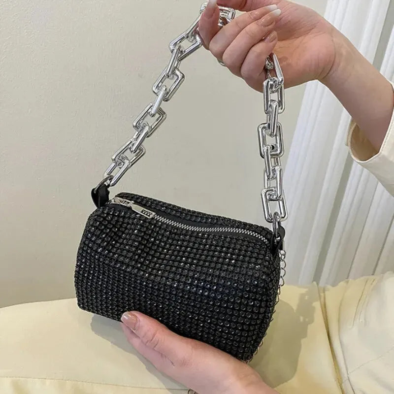 Glamorous Silver Rhinestone Evening Bag | Thick Chain Link Sparkly Crossbody Clutch